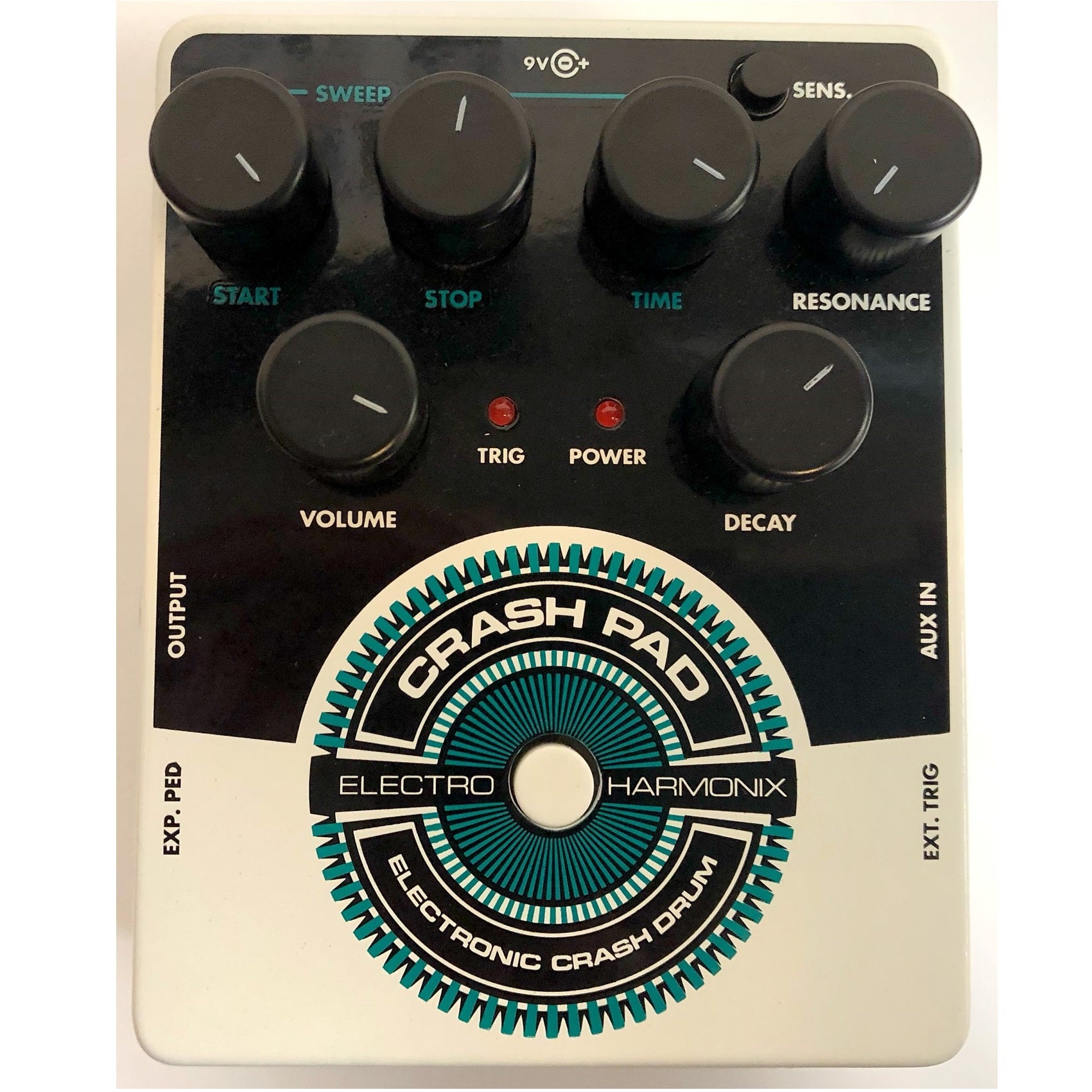 Electro-Harmonix Crash Pad analog drum synth pedal — white and black enclosure with teal graphic