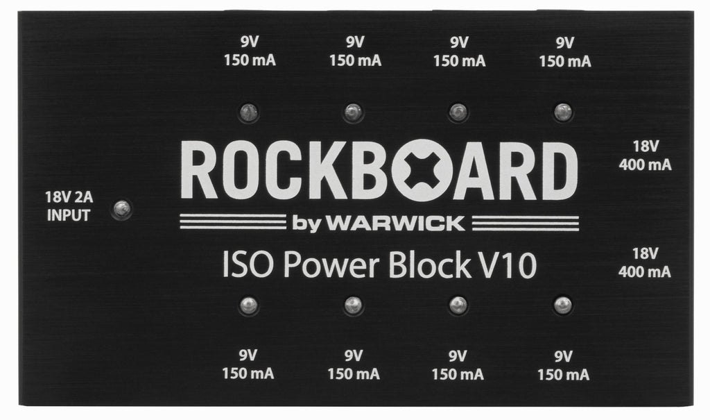 RockBoard ISO Power Block V10 pedal power supply - black top view with outputs