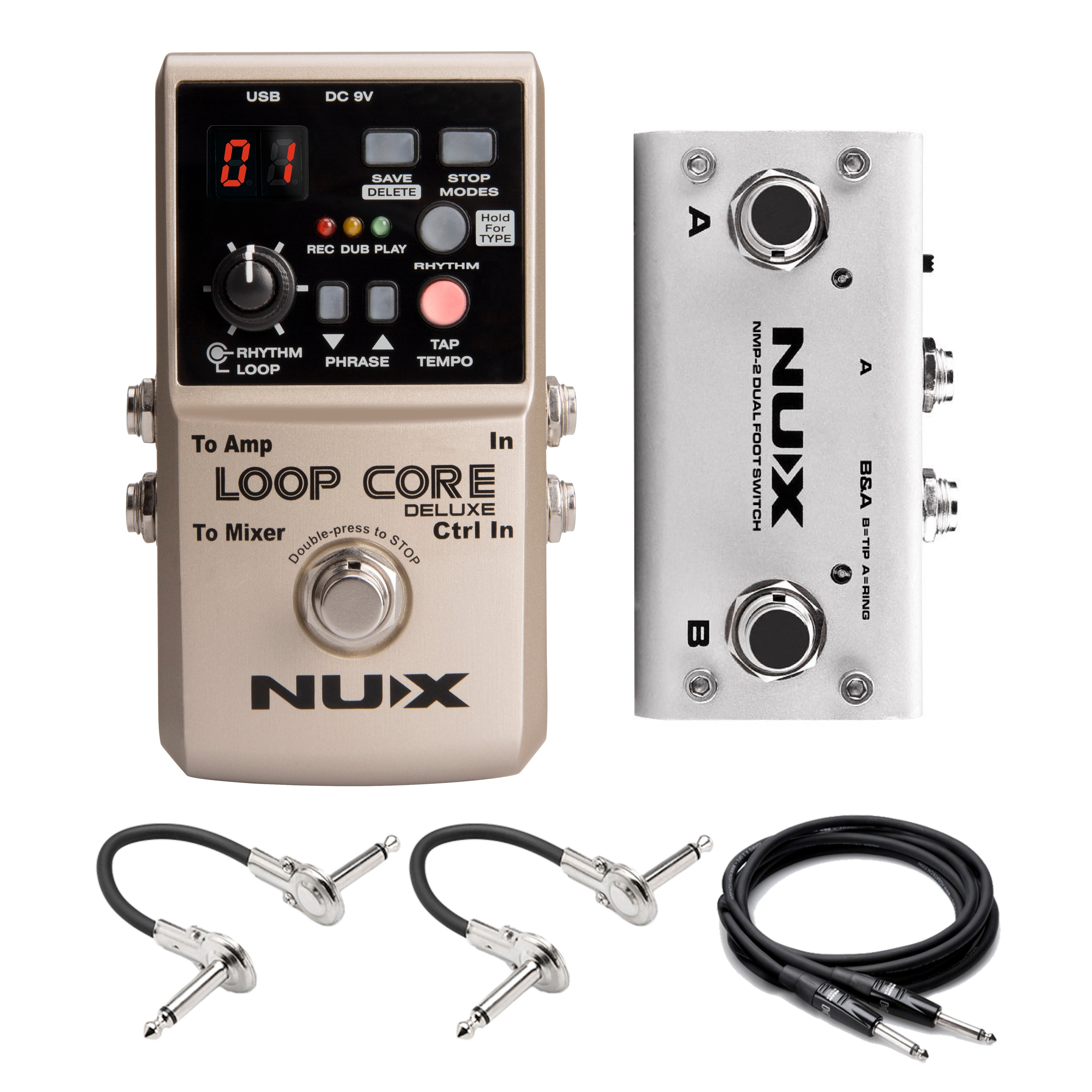 NUX Loop Core Deluxe looper pedal — gold enclosure angled view