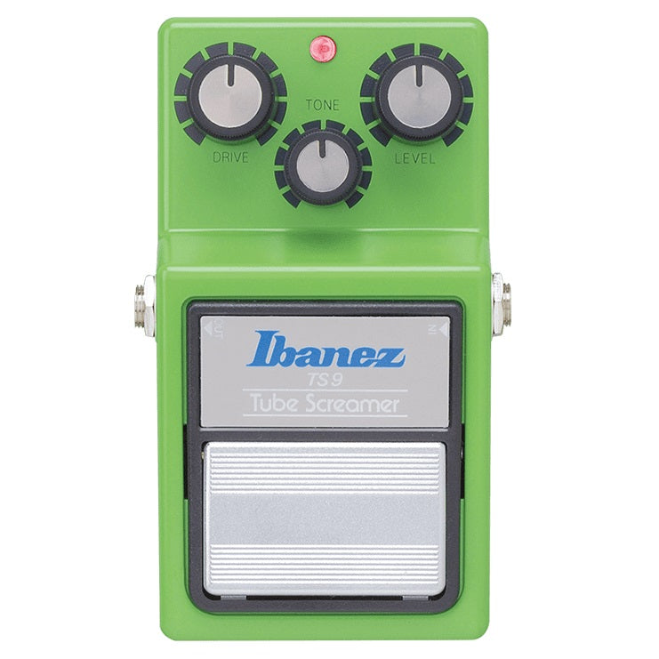 Open Box Ibanez TS9 Tube Screamer overdrive pedal - top view of green enclosure with three knobs