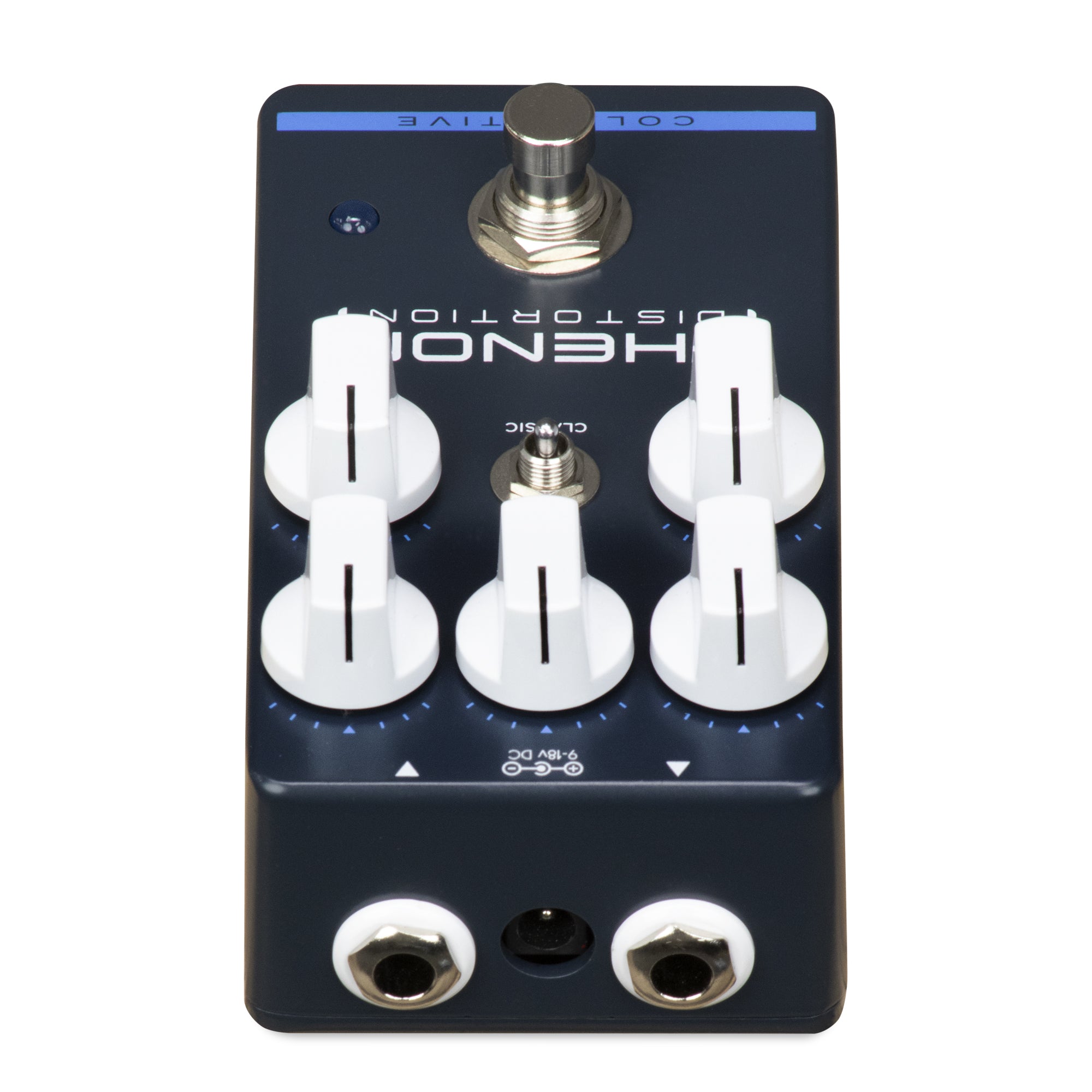 Wampler Phenom Distortion pedal - side view showing top-mounted jacks