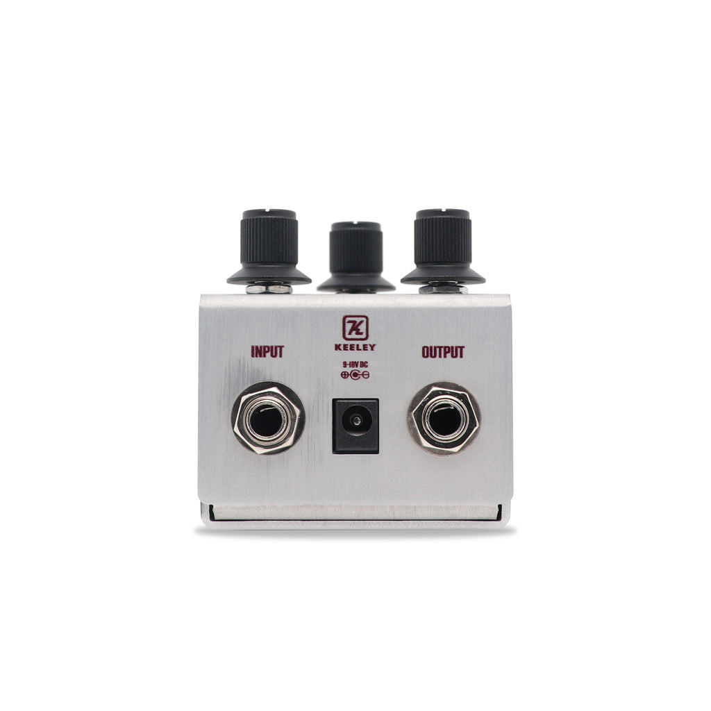 Keeley Manis Overdrive pedal — silver enclosure, side view