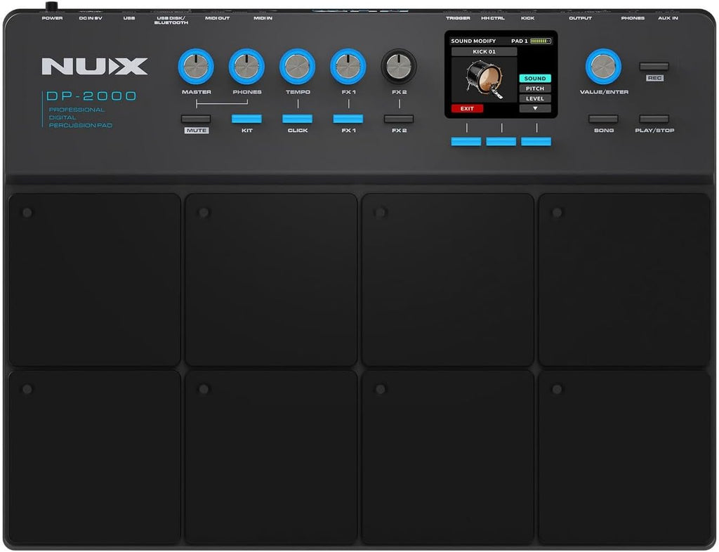 NUX DP-2000 percussion pad — black, top view with 8 pads