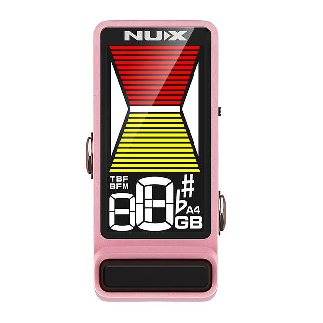 NUX NTU-3 Flow Tune mini guitar tuner — angled view of pink enclosure