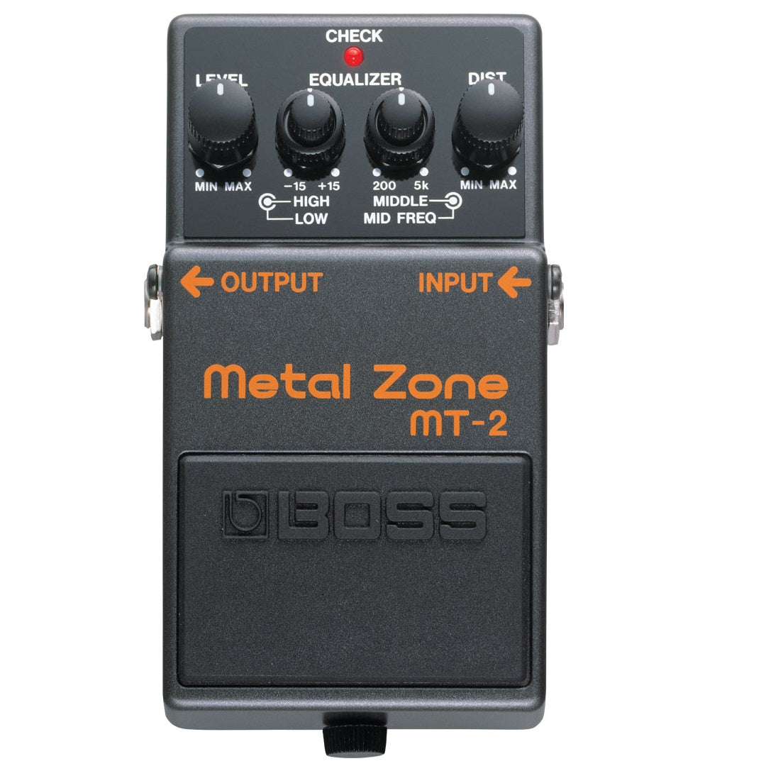 Boss MT-2 Metal Zone distortion guitar pedal — control knobs detail