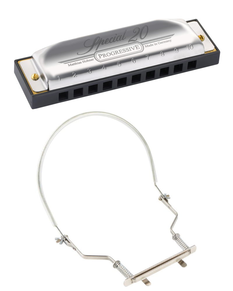 Hohner Special 20 C harmonica — alternate view of harmonica and wire neck holder