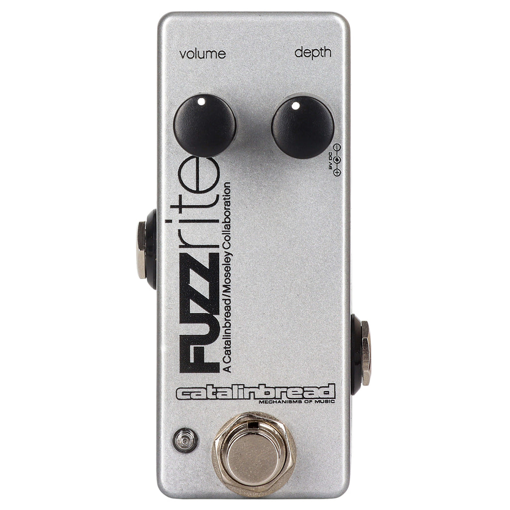 Catalinbread Fuzzrite Mini fuzz pedal — silver enclosure, top view with two knobs