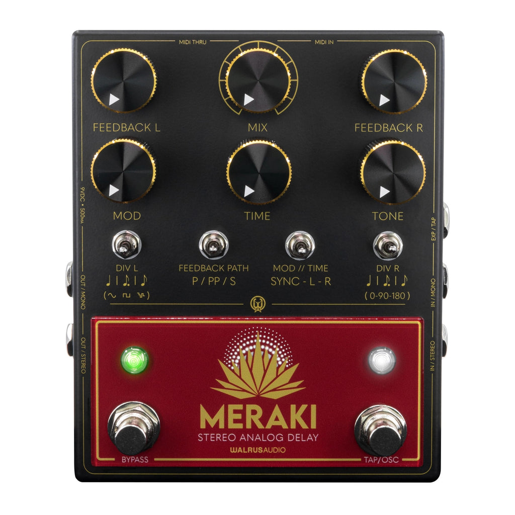 Walrus Audio Meraki analog delay pedal — black enclosure, angled view