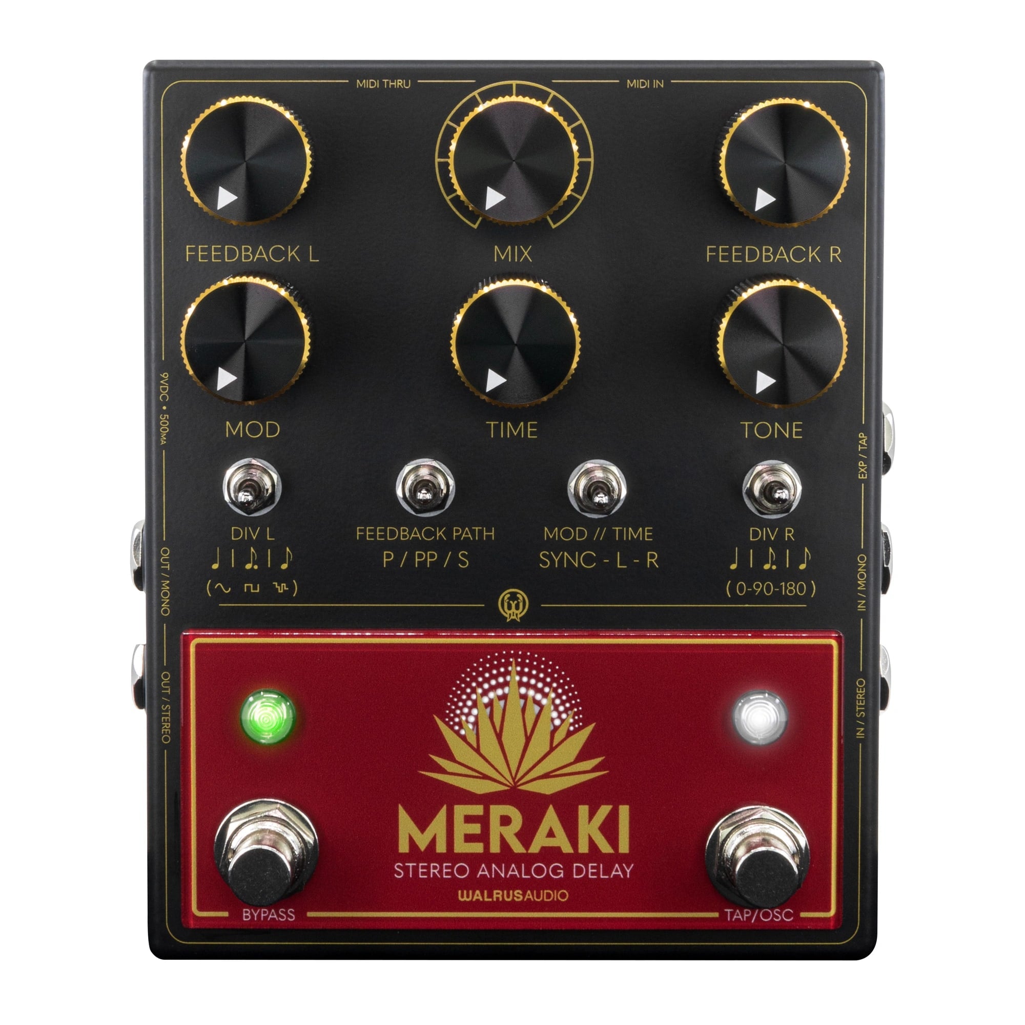 Walrus Audio Meraki analog delay pedal — black enclosure, angled view