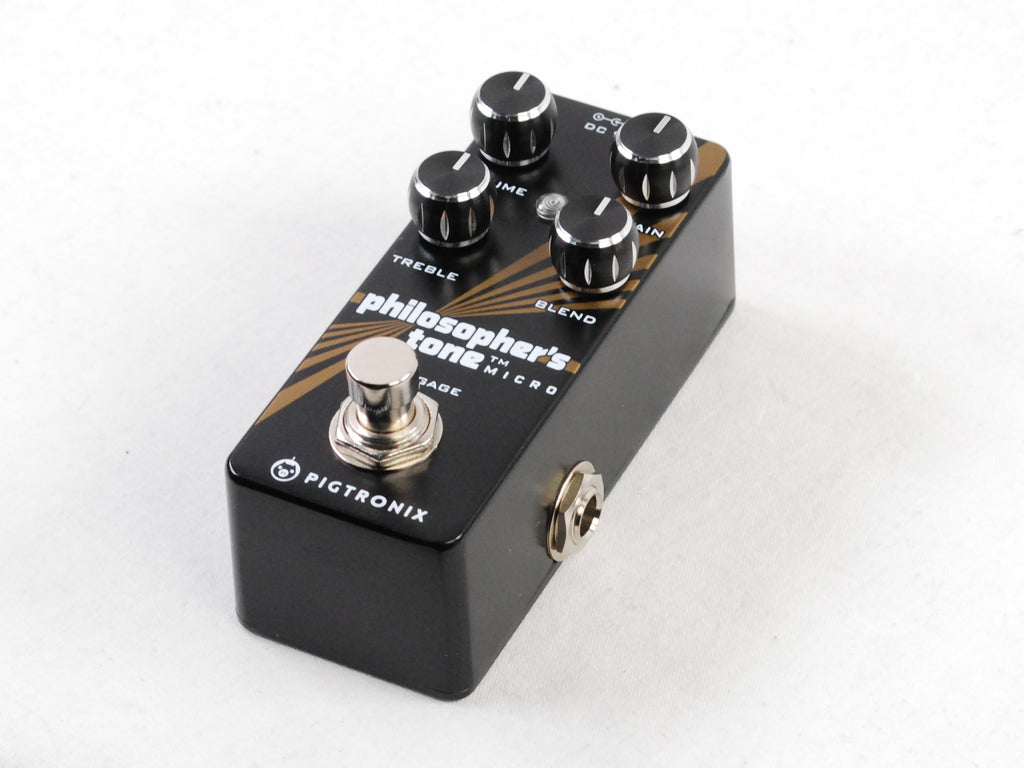 Pigtronix Philosopher's Tone Micro compressor — angled side view of black pedal