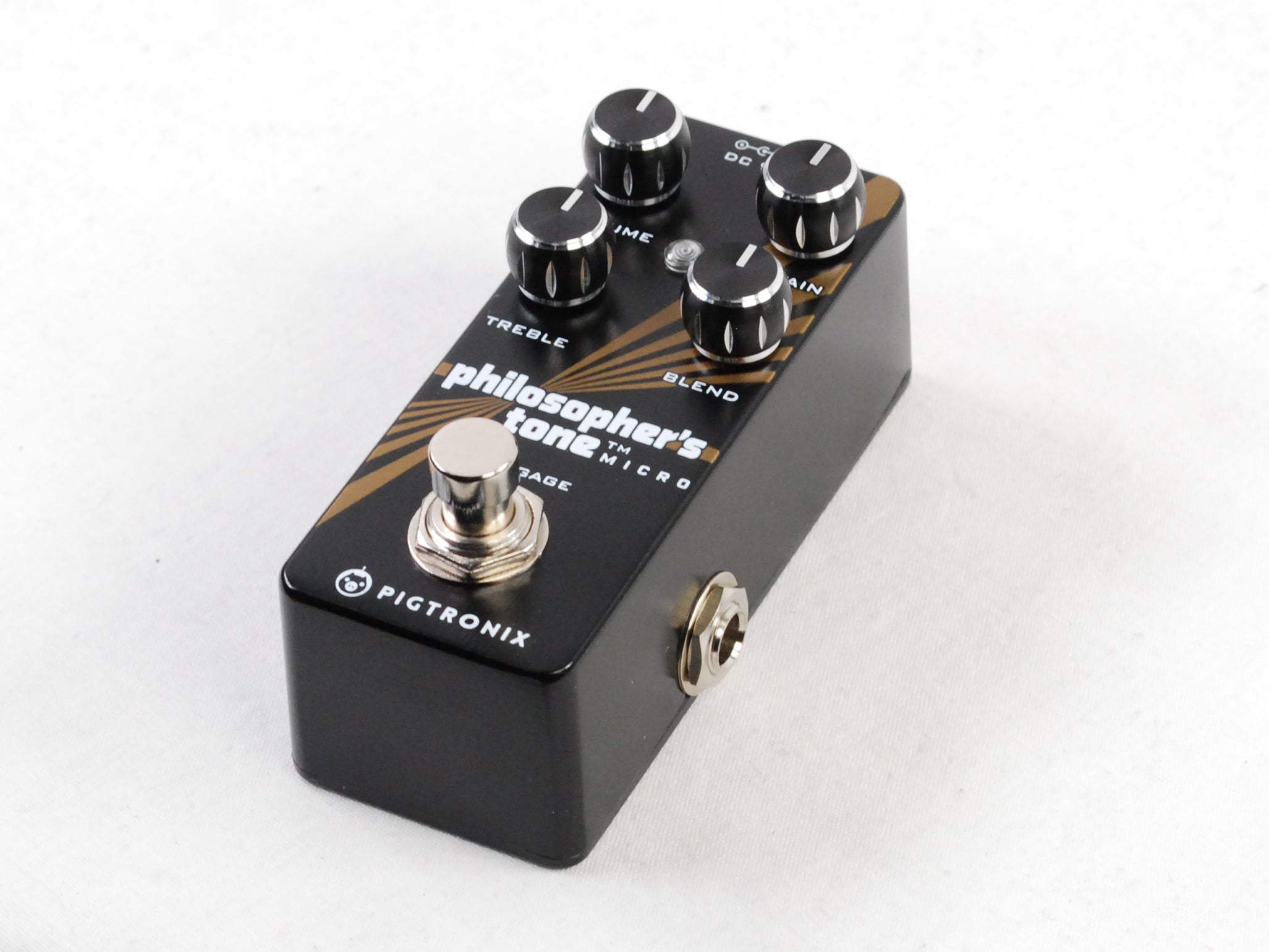 Pigtronix Philosopher's Tone Micro compressor — angled side view of black pedal