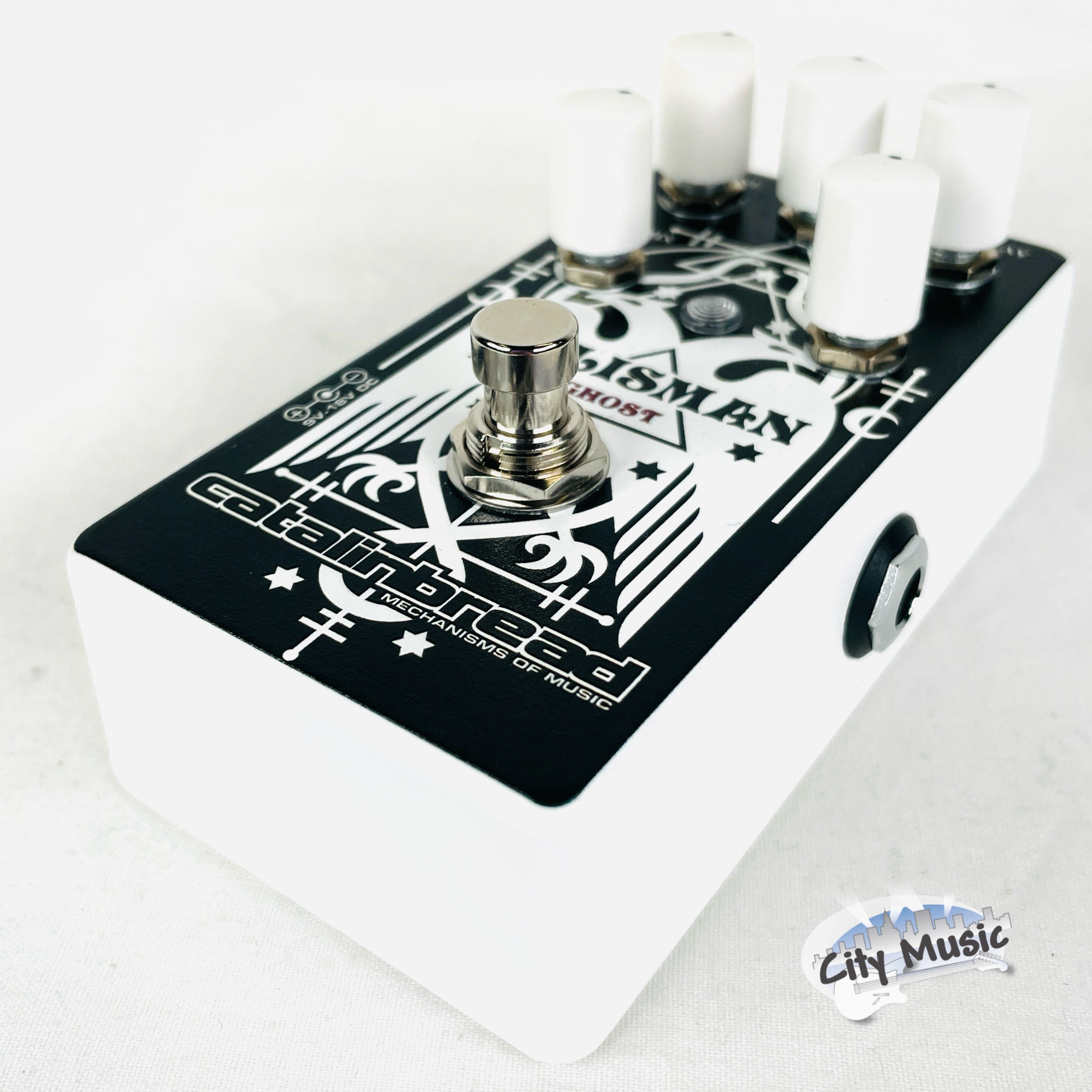 Used Catalinbread Talisman Ghost plate reverb pedal — opposite side view showing output jack