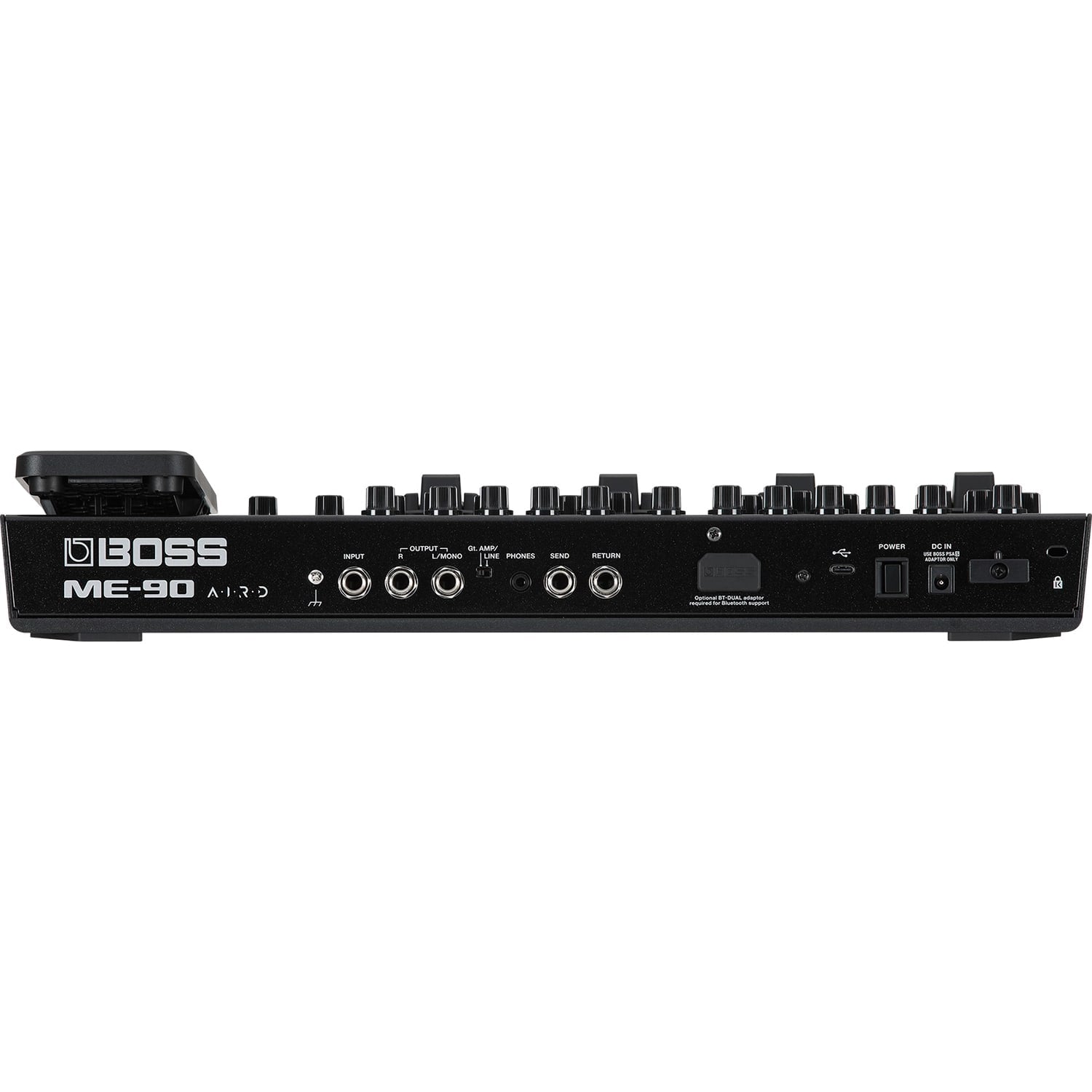 Boss ME-90 guitar multi-effects processor — close-up of amp and effect knobs