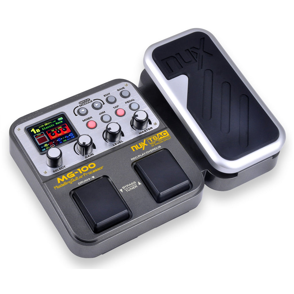NUX MG-100 modeling guitar processor — angled view with silver expression pedal