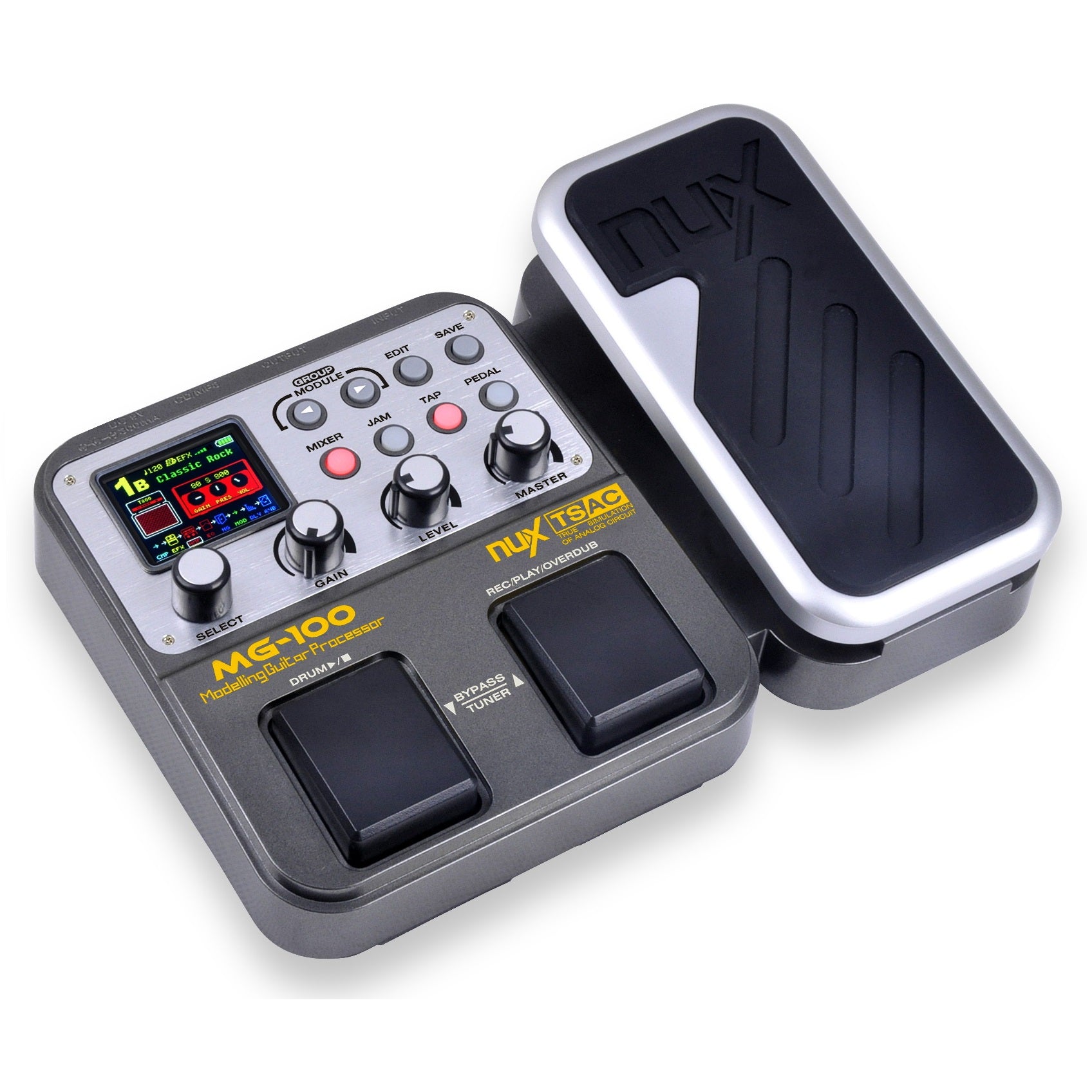 NUX MG-100 modeling guitar processor — angled view with silver expression pedal