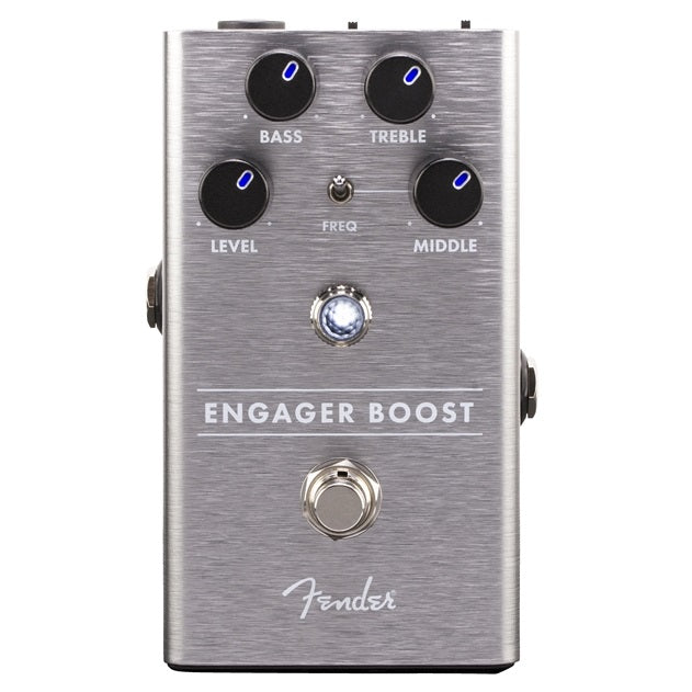 Fender Engager Boost pedal — brushed silver aluminum enclosure, top view
