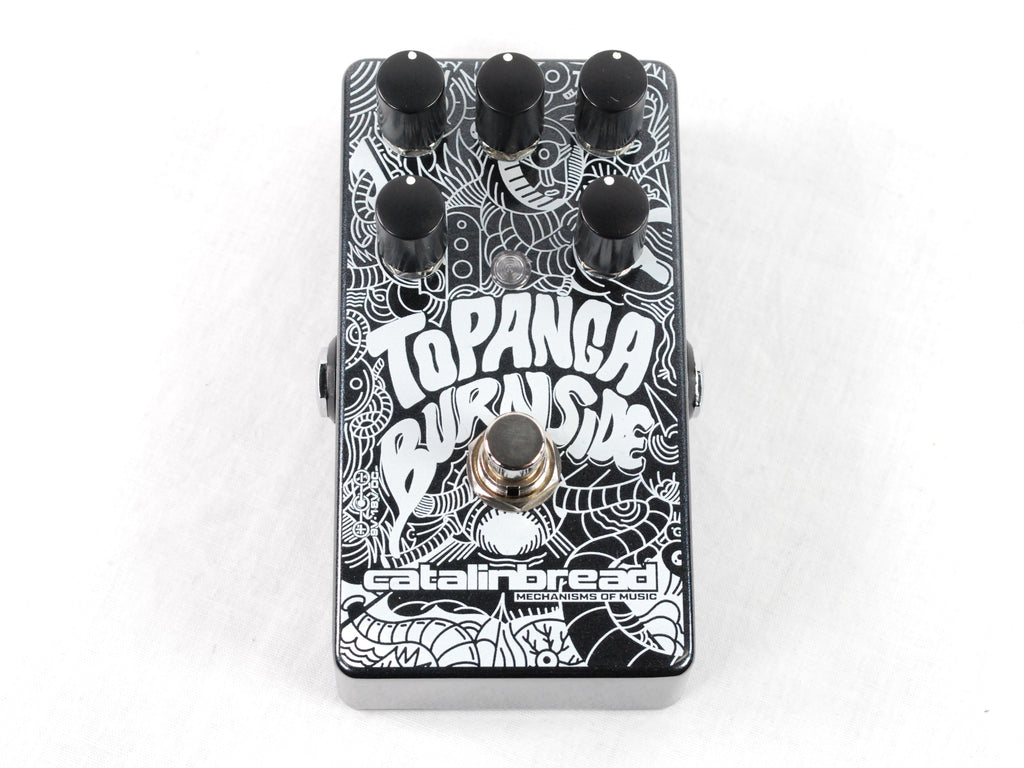 Catalinbread Topanga Burnside pedal — angled view of black and white art enclosure