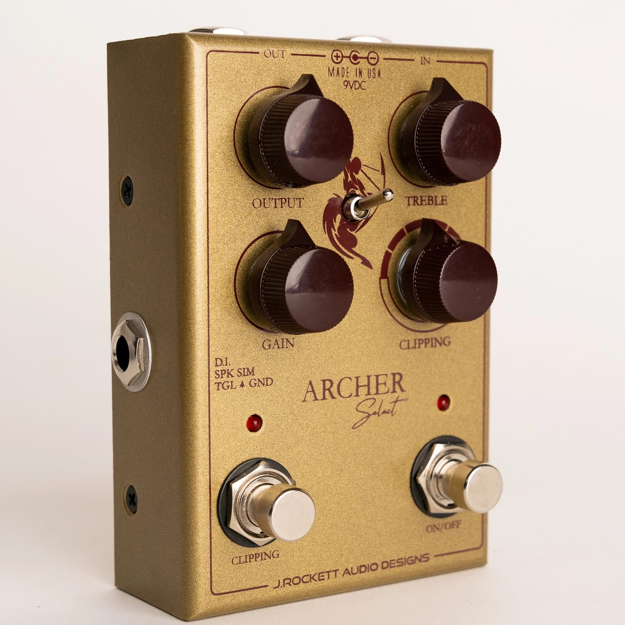 J. Rockett Archer Select overdrive pedal footswitches and D.I. detail