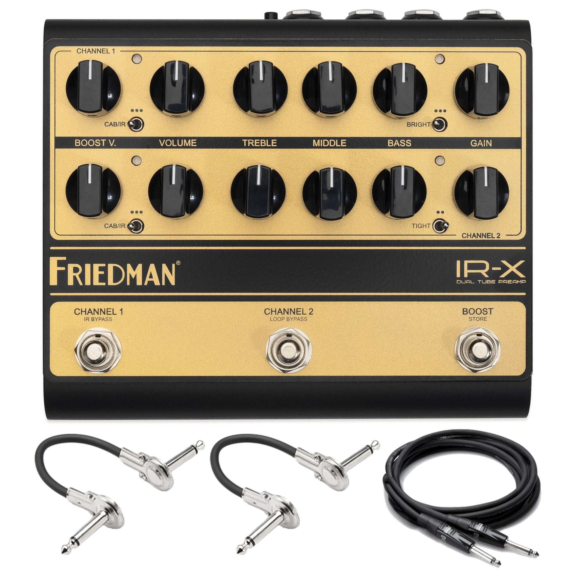 Friedman IR-X dual channel tube preamp pedal in black and gold with included cables