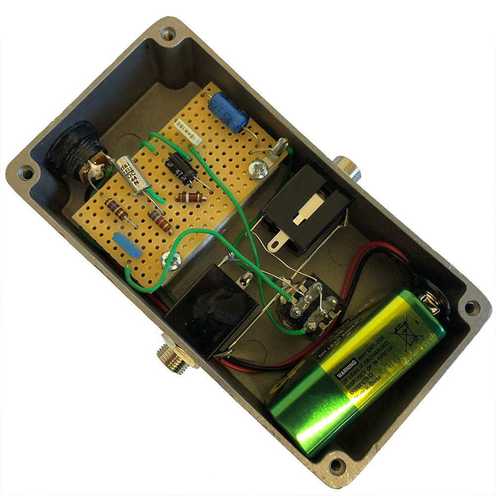 British Pedal Company Rangemaster treble booster — side jack detail