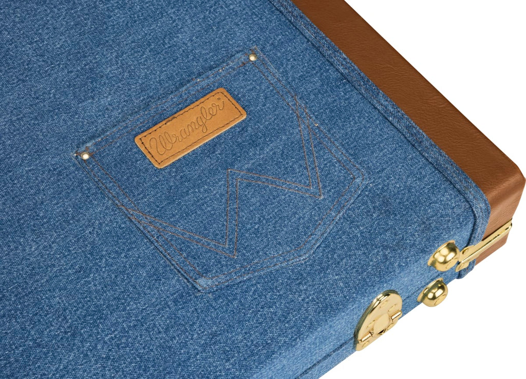 Fender x Wrangler denim guitar case — latches and handle