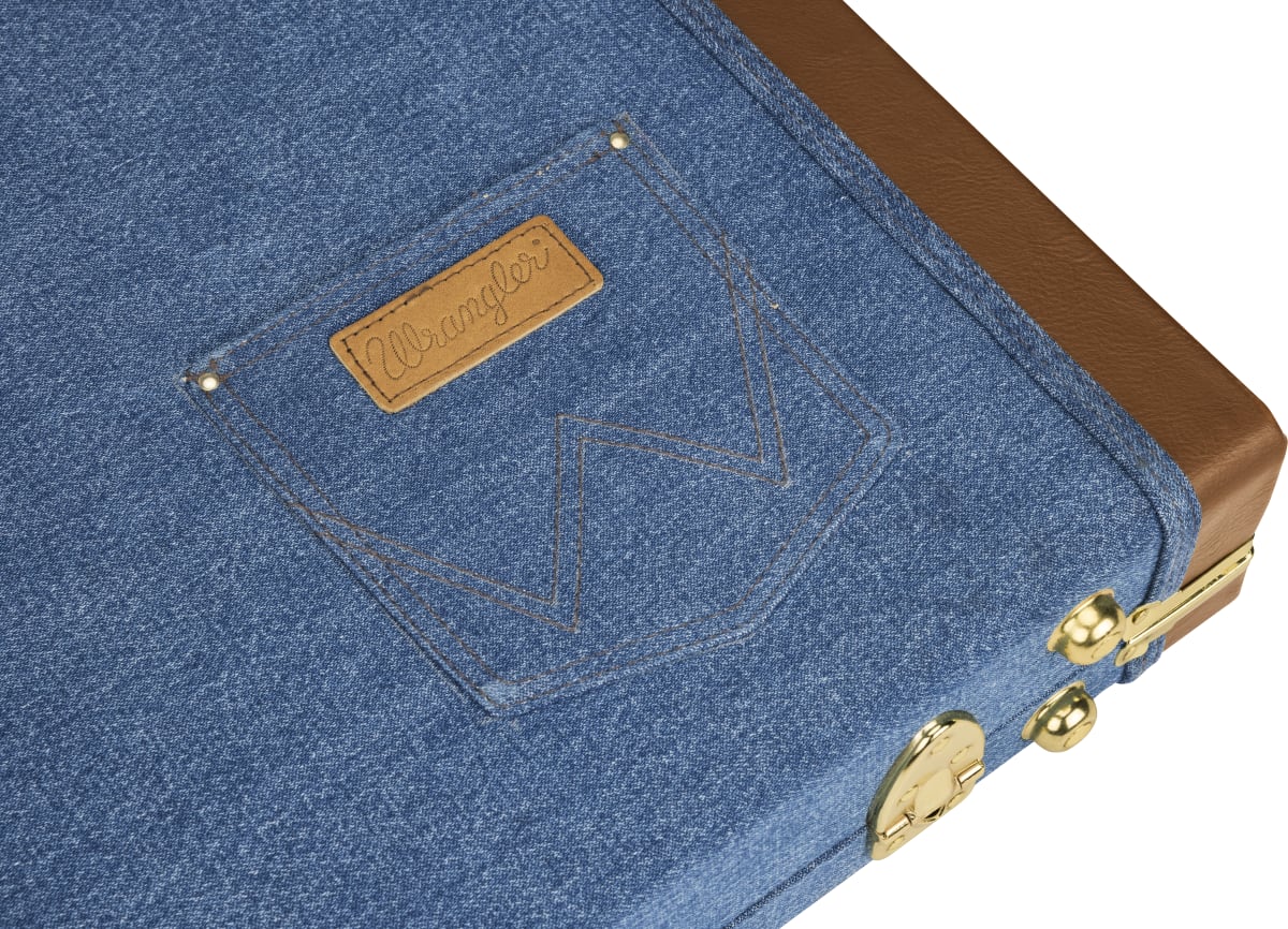 Fender x Wrangler denim guitar case — latches and handle