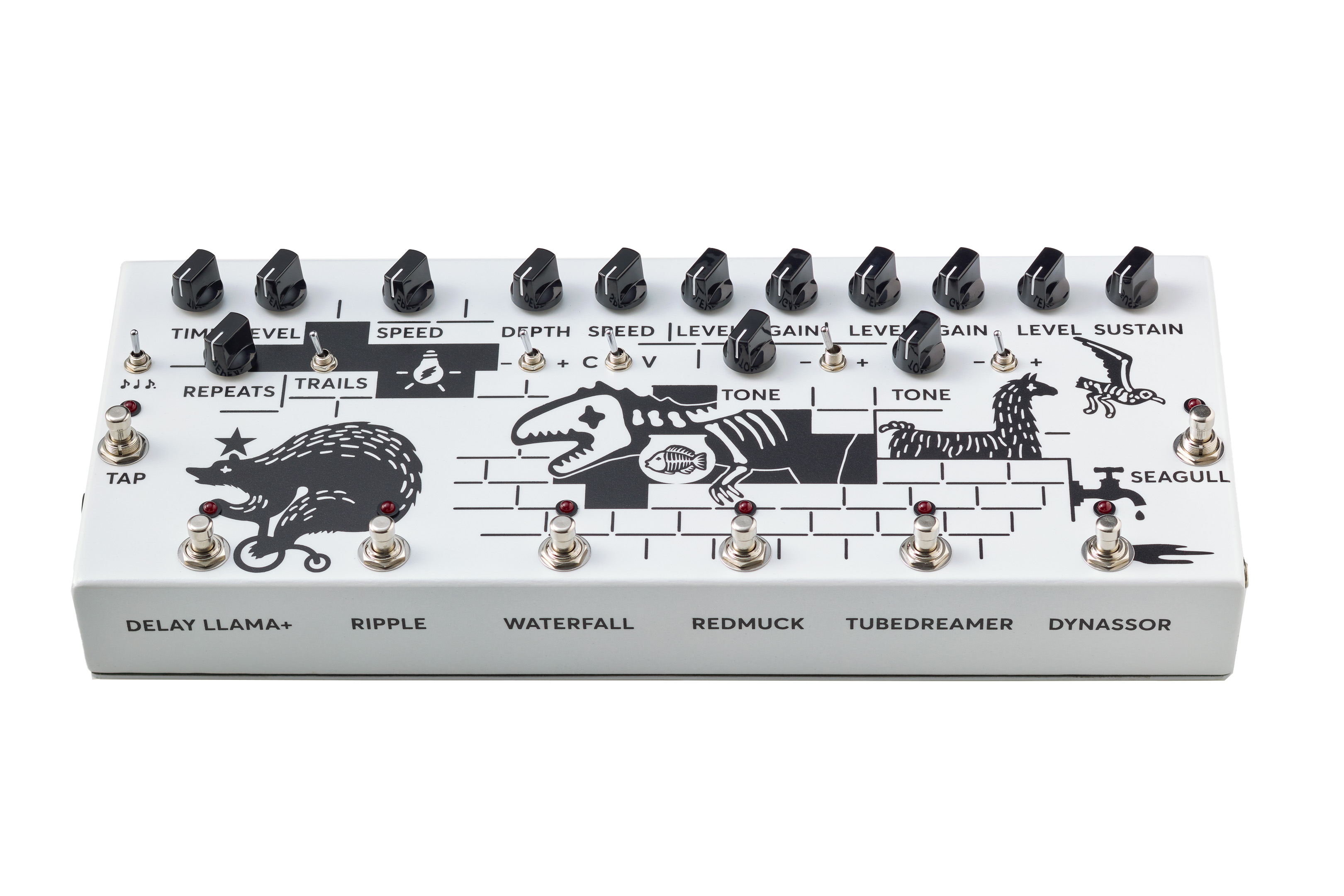 JAM Pedals Pink Flow multi-effects pedal — footswitch row detail