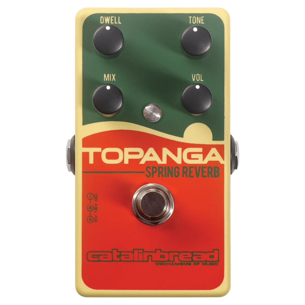 Catalinbread Topanga spring reverb pedal - green and red face, top view