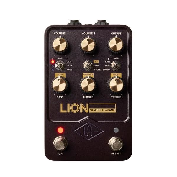 UA Lion '68 Super Lead amp pedal — purple enclosure, gold knobs, top controls