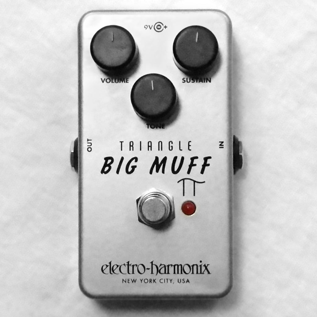 Electro-Harmonix Triangle Big Muff Pi fuzz pedal — silver enclosure, top view