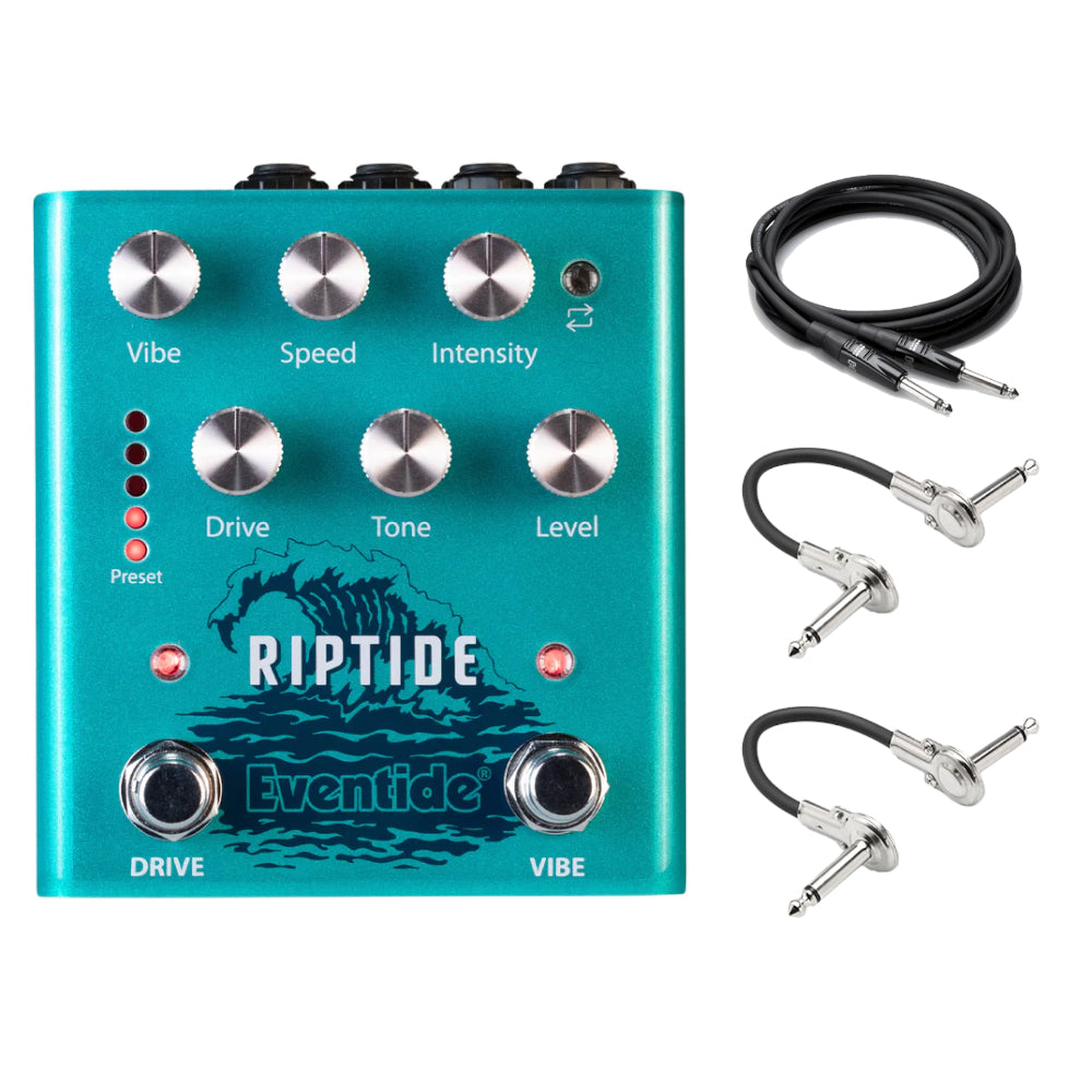 Eventide Riptide overdrive Uni-Vibe pedal - front with included Hosa patch and guitar cables