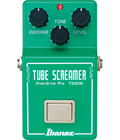 Ibanez TS808 Tube Screamer overdrive pedal - top view of green enclosure with Overdrive, Tone, Level knobs