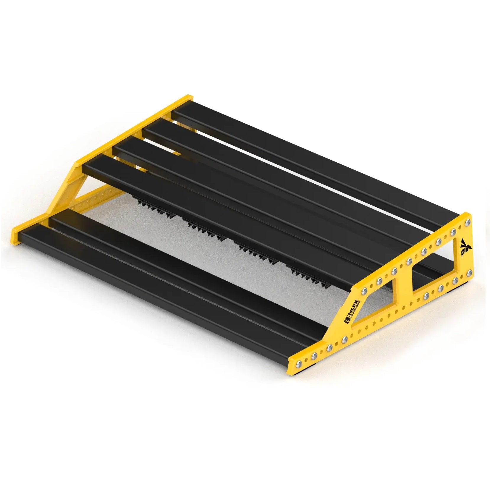 NUX NPB-L Bumblebee large guitar pedalboard — black bars on yellow aluminum frame, angled view