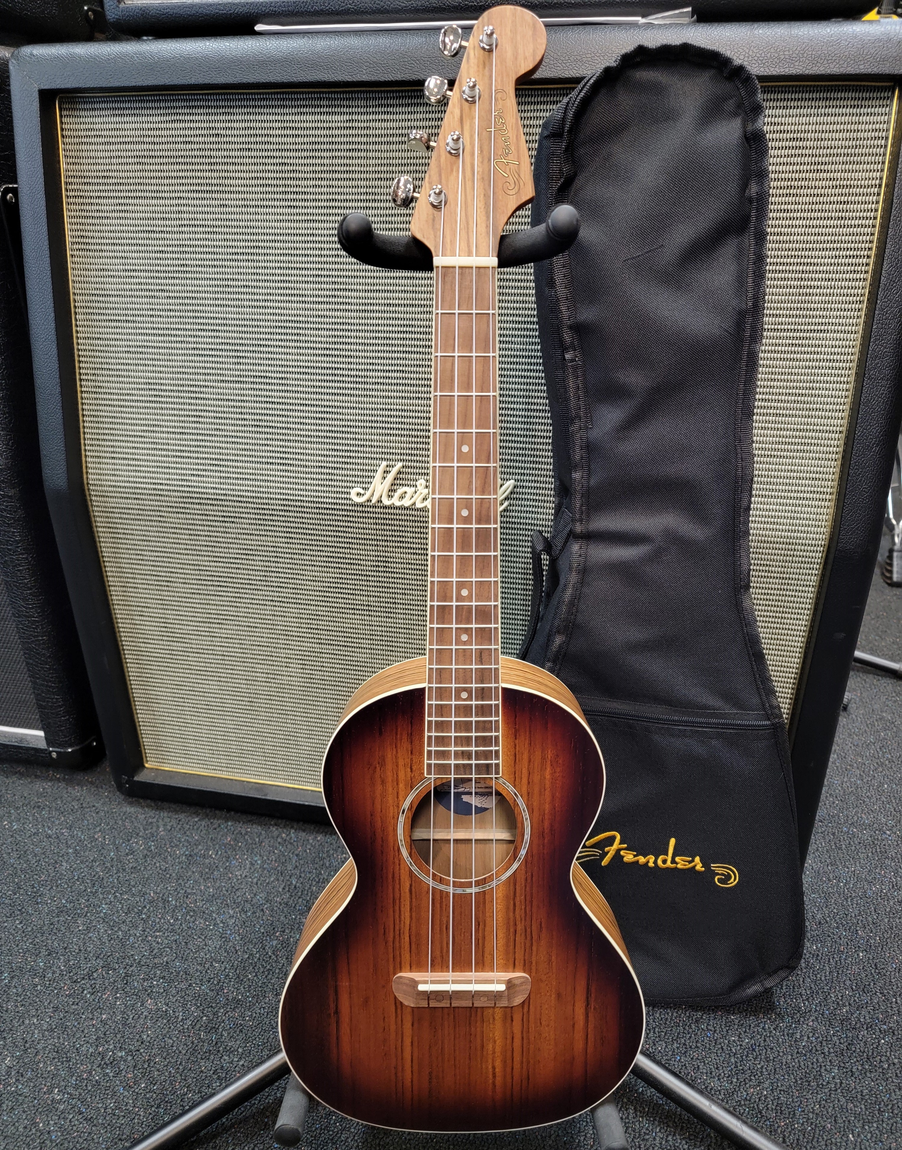 Fender Rincon Tenor Ukulele — Aged Cognac Burst soundhole and rosette