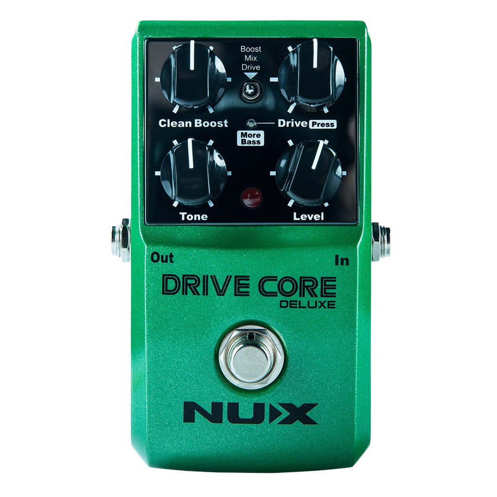 NUX Drive Core Deluxe overdrive pedal — top control knobs detail