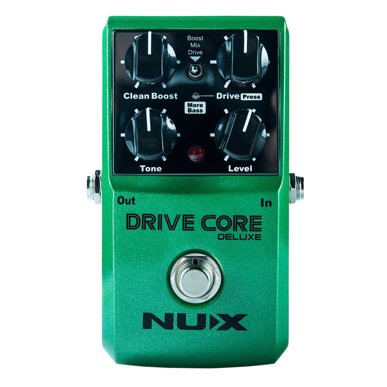 NUX Drive Core Deluxe overdrive pedal — top control knobs detail