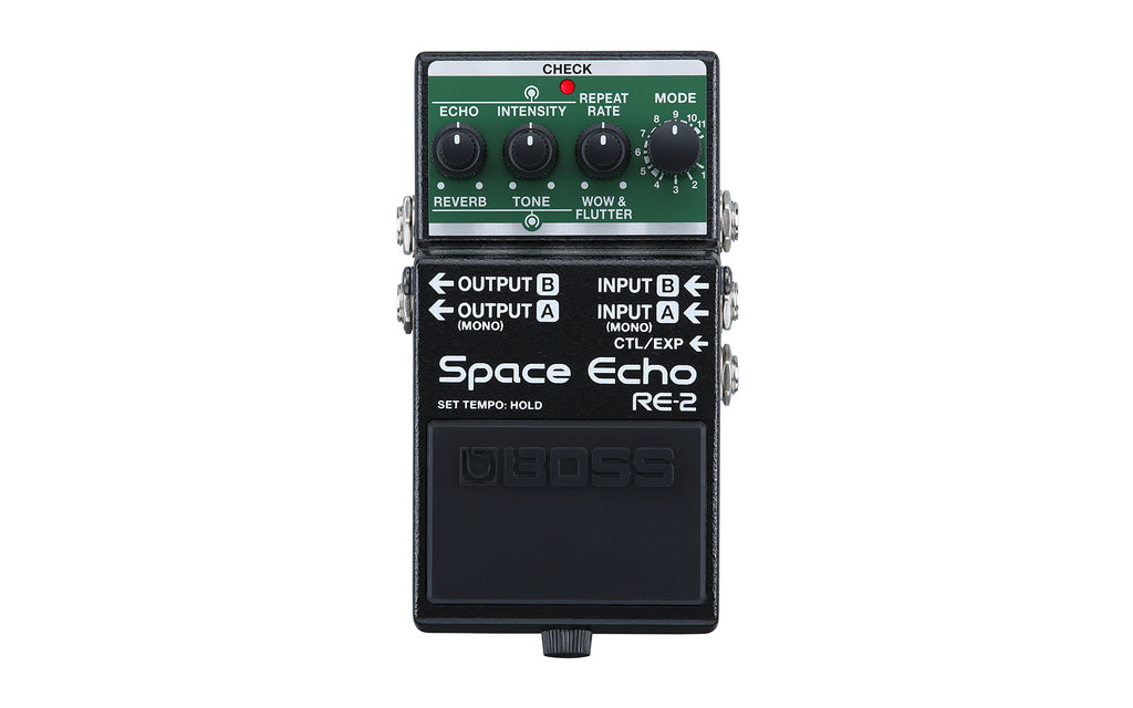 Boss RE-2 Space Echo pedal — side view with stereo input output jacks