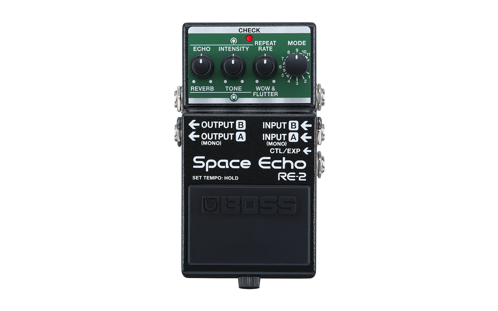Boss RE-2 Space Echo pedal — side view with stereo input output jacks