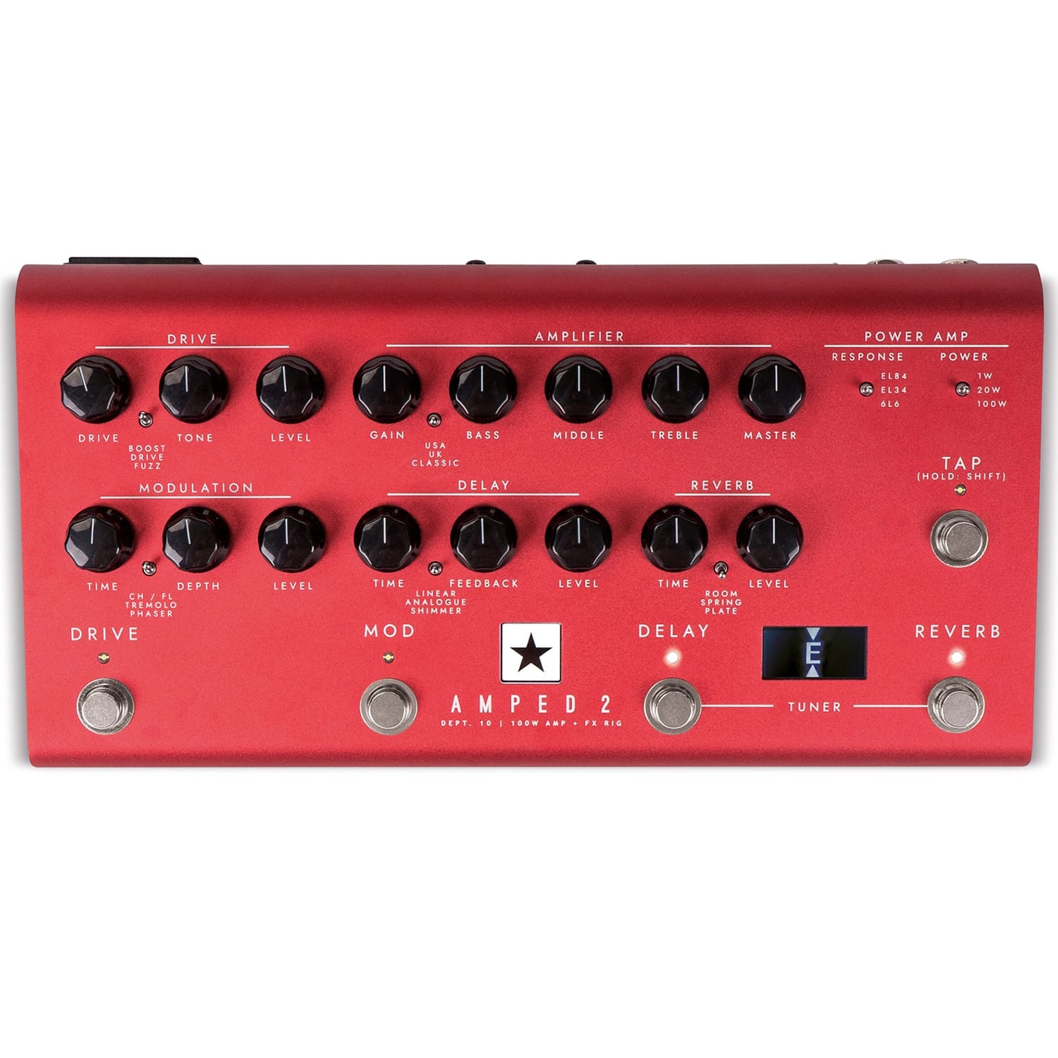 Blackstar AMPED 2 amp pedal — red, controls and footswitches detail