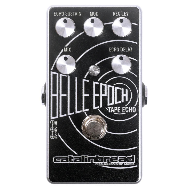 Catalinbread Belle Epoch tape echo delay pedal - black face, top control view