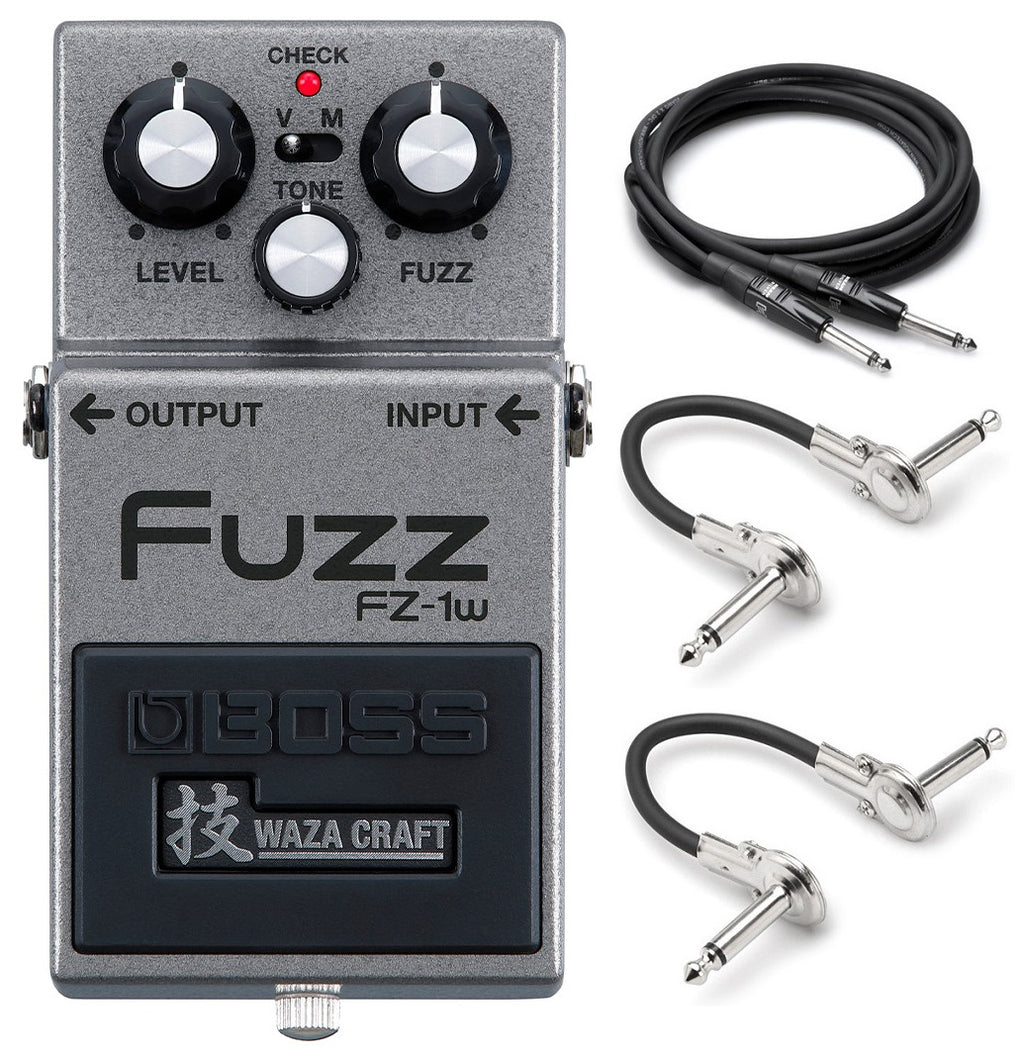 Boss FZ-1W Waza Craft fuzz pedal — front with guitar and patch cables
