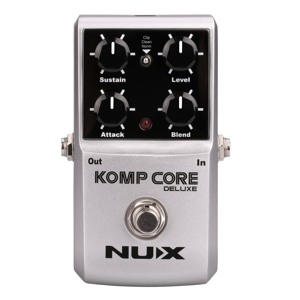 NUX Komp Core Deluxe compressor pedal — top control knobs detail