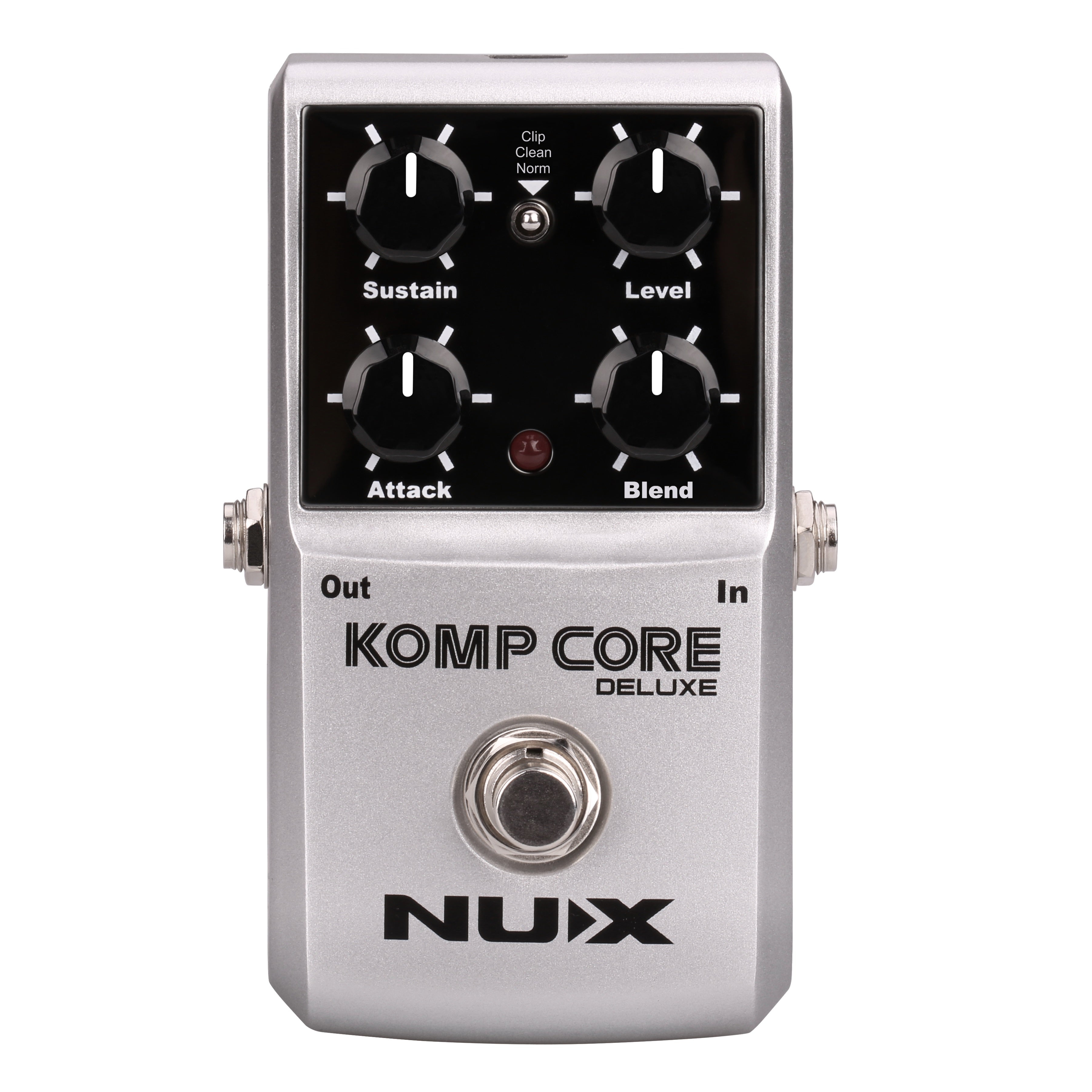 NUX Komp Core Deluxe compressor pedal — top control knobs detail