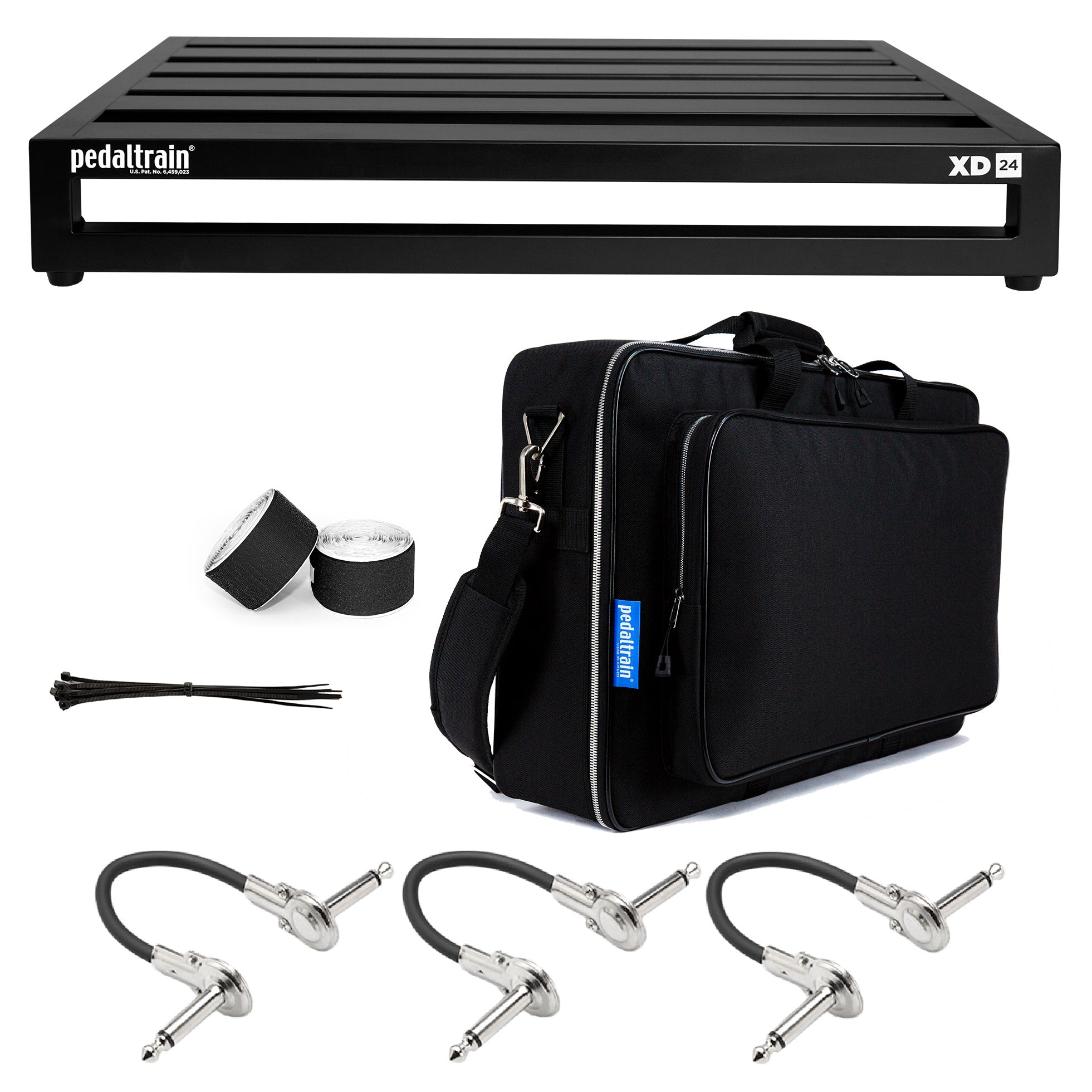 Pedaltrain XD-24 pedalboard — black six-rail board with soft case and patch cables