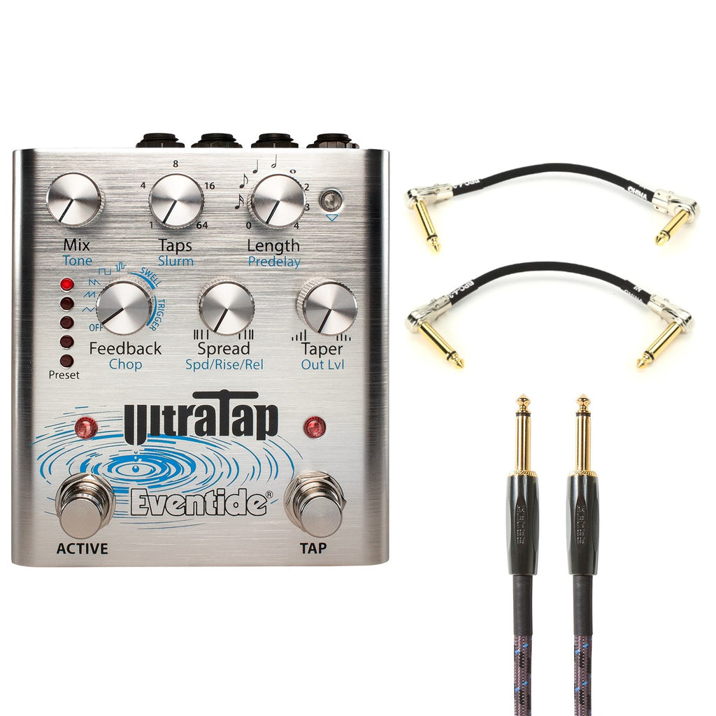 Eventide UltraTap multi-tap delay pedal — silver, with Boss cables