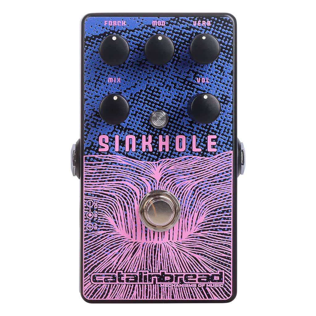 Catalinbread Sinkhole reverb pedal — blue and purple enclosure, five knobs