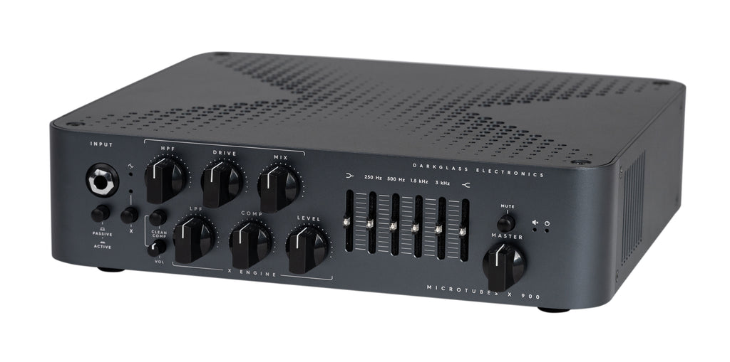 Darkglass Microtubes X 900 bass amp head — detail of knobs and EQ sliders