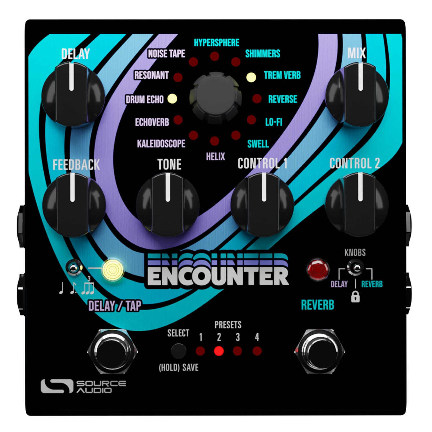Source Audio Encounter delay reverb pedal — top control panel