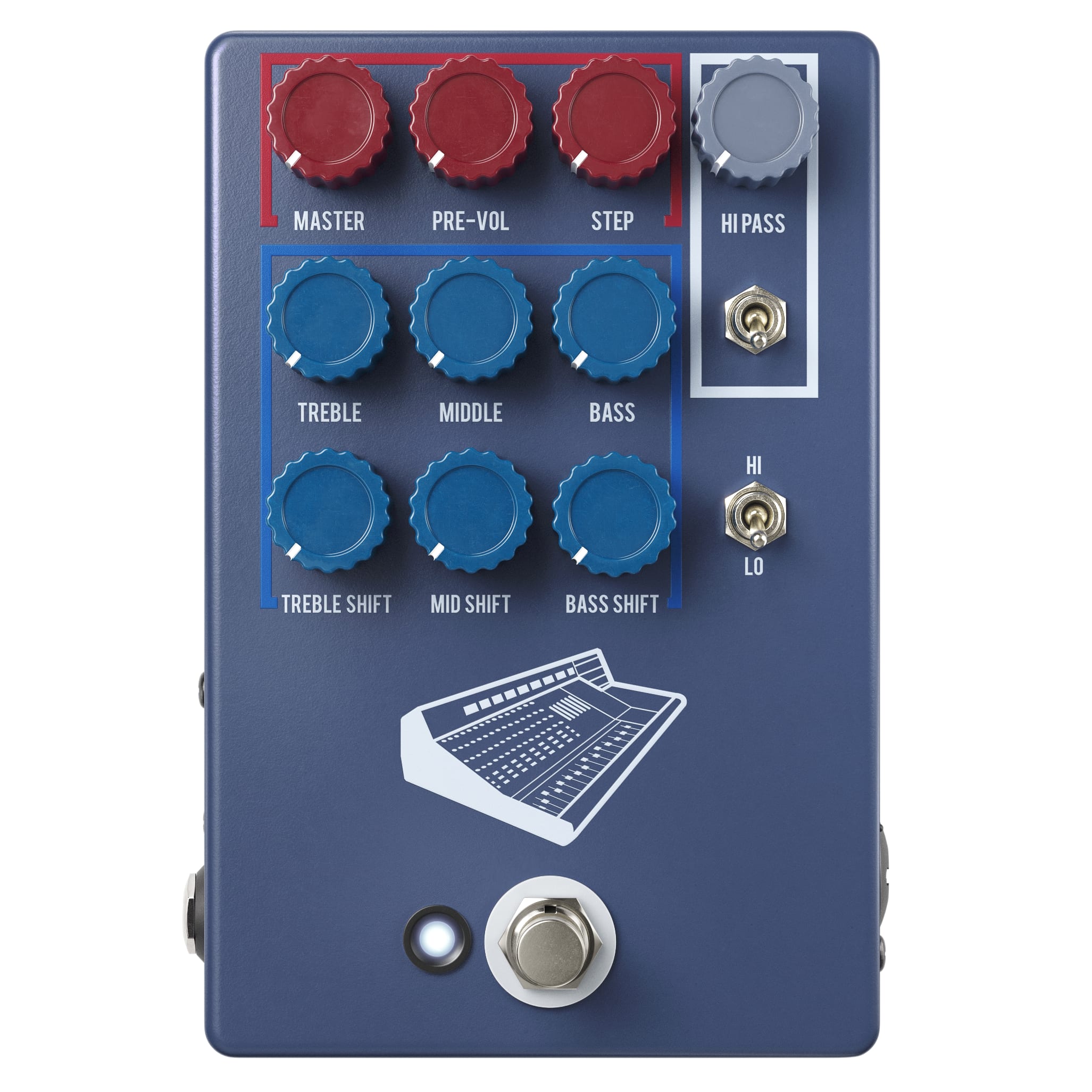 JHS Colour Box V2 10th Anniversary preamp pedal — blue enclosure, alternate view