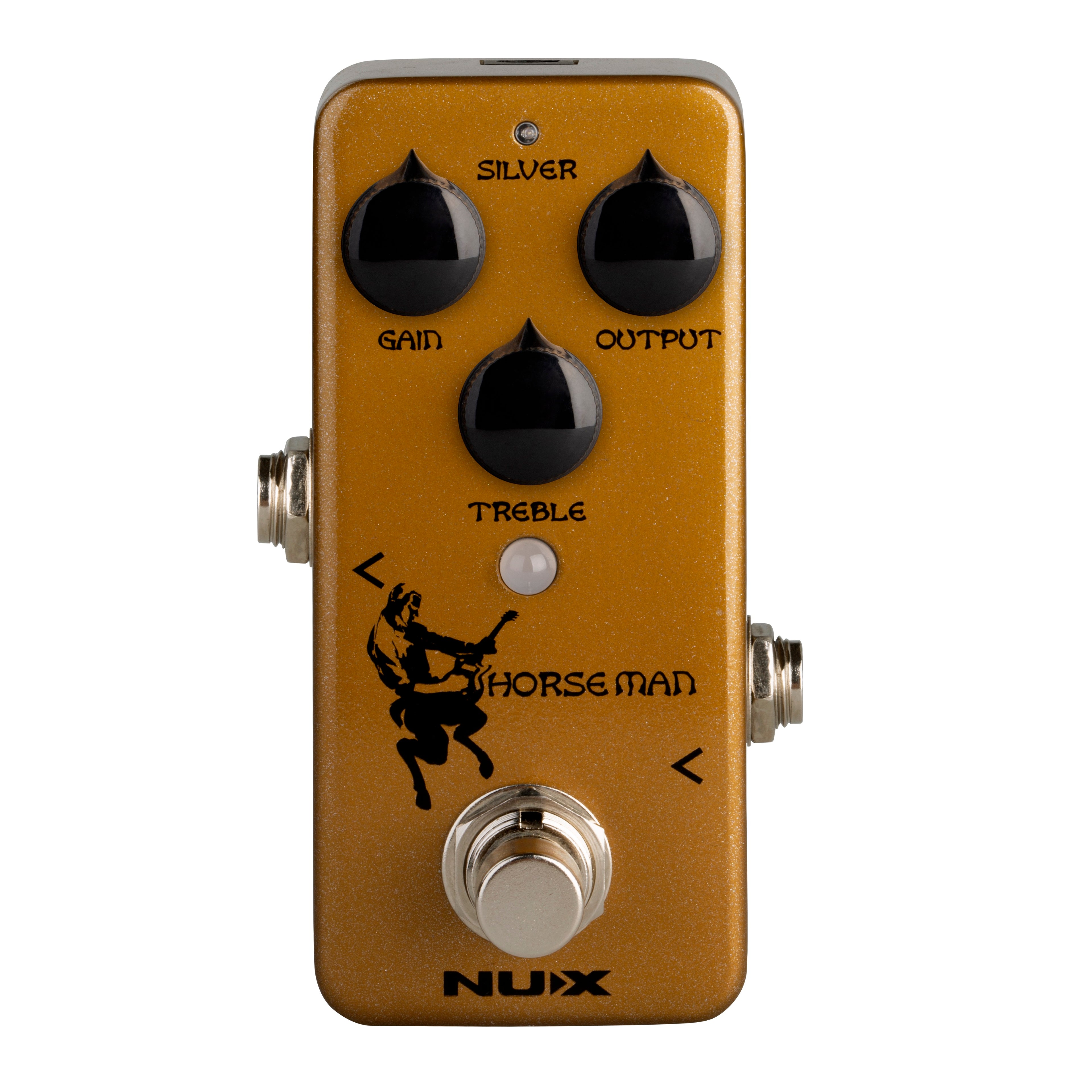 NUX NOD-1 Horseman overdrive guitar pedal — gold top view with knobs